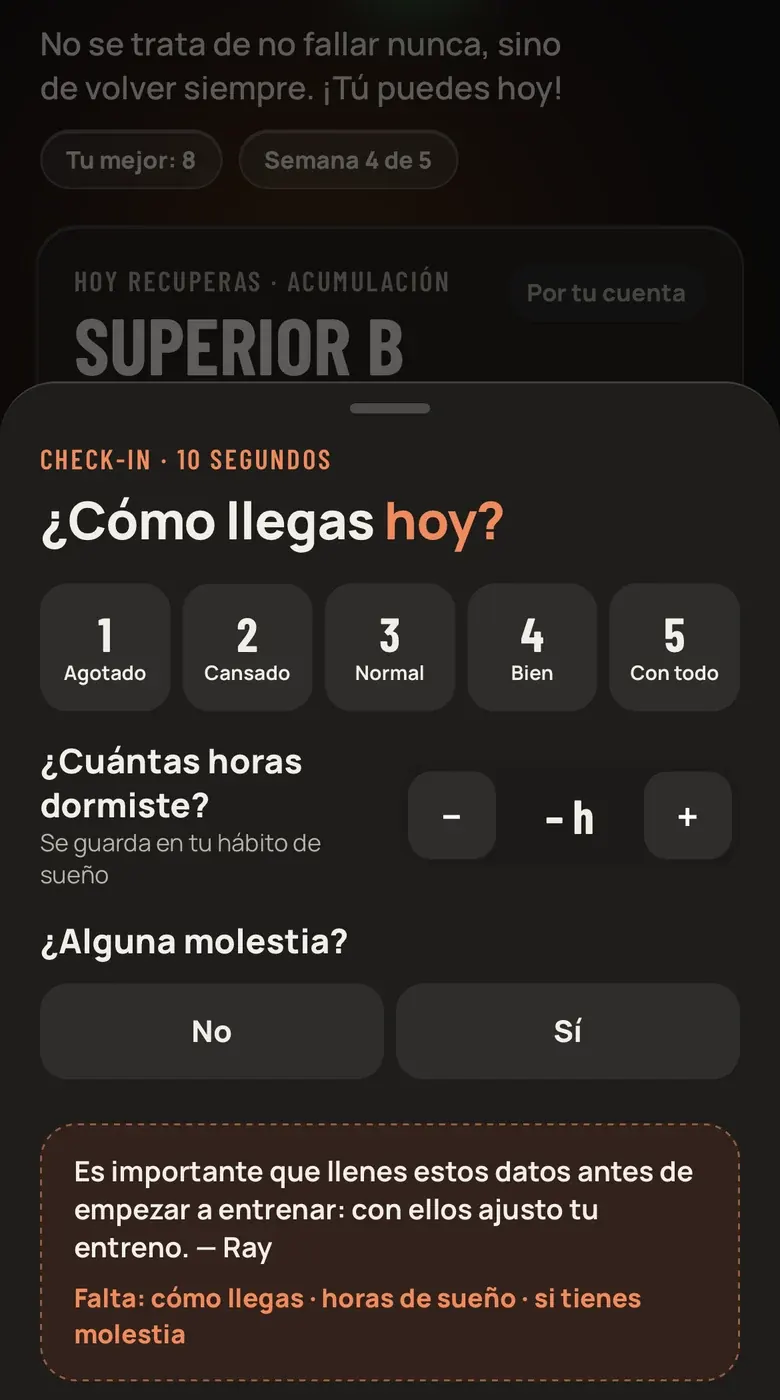Pantalla del check-in antes de entrenar: cómo llegas, horas de sueño y molestias